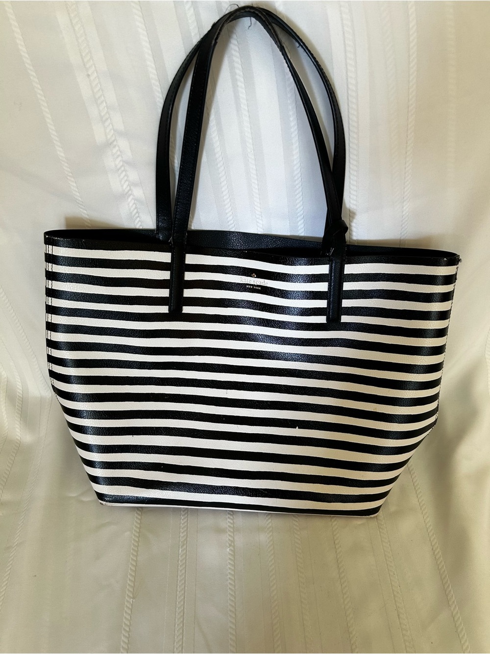 Kate Spade Reversible Tote Bag Black White Stripes Gold Logo Leather Purse